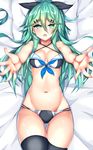  ass_visible_through_thighs black_legwear cowboy_shot criss-cross_halter from_above front-tie_bikini front-tie_top green_eyes green_hair hair_between_eyes hair_ornament hairclip halterneck highres kantai_collection long_hair looking_at_viewer lying monotosu navel on_back open_mouth outstretched_arms reaching_out thigh_gap thighhighs very_long_hair yamakaze_(kantai_collection) 