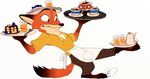  2016 anthro apron balancing barefoot beverage blueberry_(fruit) brown_fur canine clothed clothing coffee cup dipstick_ears dipstick_tail disney doughnut food fork fox fruit fruit_juice fully_clothed fur green_eyes holding_object kettle male mammal multicolored_tail nick_wilde on_one_leg orange_fur pancake pants plate serving_tray shirt side_view signature simple_background solo stack standing tan_fur tea_cup toony trashasaurusrex white_background zootopia 