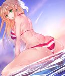  :o ahoge ass back bikini blonde_hair bow braid breasts dutch_angle earrings evening fate/grand_order fate_(series) floating from_behind green_eyes hair_bow hair_intakes half_updo halterneck jewelry kouhirohaunnme large_breasts long_hair looking_at_viewer muscle nero_claudius_(fate)_(all) nero_claudius_(swimsuit_caster)_(fate) partially_submerged sky solo squatting striped striped_bikini swimsuit water wet wind 
