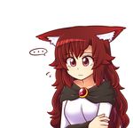  1girl animal_ear_fluff animal_ears bangs brooch brown_hair commentary dress flying_sweatdrops imaizumi_kagerou jewelry long_hair red_eyes simple_background solo spoken_ellipsis touhou upper_body white_background white_dress wolf_ears wool_(miwol) 