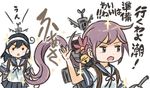  ahoge akebono_(kantai_collection) bell black_hair comic commentary flower hair_bell hair_flower hair_ornament hairband hand_up jingle_bell kantai_collection multiple_girls otoufu pleated_skirt purple_eyes purple_hair remodel_(kantai_collection) rigging salute school_uniform serafuku short_sleeves side_ponytail skirt sparkle translated ushio_(kantai_collection) white_background 
