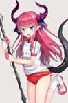  alternate_costume asymmetrical_horns blue_eyes blush breasts buruma commentary_request dragon_tail elizabeth_bathory_(fate) elizabeth_bathory_(fate)_(all) fang fate/extra fate/extra_ccc fate_(series) gym_uniform highres horns inconvenient_tail long_hair looking_at_viewer name_tag open_mouth pink_hair pointy_ears shirt short_sleeves small_breasts smile socks solo standing standing_on_one_leg tail tsurime white_legwear xenonstriker 