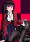  :p absurdres all_fours bangs black_hair black_legwear blazer blunt_bangs blush breasts crotch_seam eyebrows_visible_through_hair finger_to_mouth highres hime_cut index_finger_raised jabami_yumeko jacket kakegurui large_breasts long_hair looking_at_viewer navel panties panties_under_pantyhose pantyhose red_eyes red_jacket school_uniform shushing skirt skirt_around_one_leg solo thighband_pantyhose tongue tongue_out underwear very_long_hair xiao_gen 