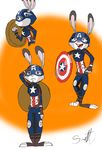  2016 3_toes 4_fingers absurd_res anthro captain_america clothing crossover disney duo female fur hi_res judy_hopps lagomorph looking_at_viewer mammal marvel multiple_poses open_mouth open_smile pose purple_eyes quirky-middle-child rabbit salute shield signature simple_background smile solo toes uniform zootopia 