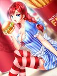  blue_bow blue_dress blue_eyes bow braid breasts cleavage dress drink fang fast_food food freckles french_fries full_body gigamessy half-closed_eyes hamburger mayonnaise medium_breasts open_mouth oversized_object pinstripe_pattern puffy_short_sleeves puffy_sleeves red_hair short_sleeves sitting solo striped striped_legwear thighhighs twin_braids wendy's wendy_(wendy's) 