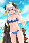  :d ass_visible_through_thighs bare_arms bikini blue_bikini blush bow breasts cleavage cowboy_shot fate/grand_order fate_(series) frilled_bikini frills hair_bow highres horns kiyohime_(fate/grand_order) kiyohime_(swimsuit_lancer)_(fate) long_hair looking_at_viewer medium_breasts navel ocean open_mouth outstretched_hand pika_mouse ponytail red_eyes silver_hair smile solo swimsuit 