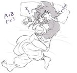  1girl bed bed_sheet chi-chi_(dragon_ball) closed_eyes couple dragon_ball greyscale hetero hug locked_arms monochrome open_mouth pillow simple_background sleeping son_gokuu tkgsize white_background wristband zzz 