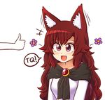  1girl :d animal_ear_fluff animal_ears bangs brooch brown_hair dress fang flower imaizumi_kagerou jewelry long_hair open_mouth red_eyes simple_background smile solo_focus thumbs_up touhou upper_body white_background white_dress wolf_ears wool_(miwol) 