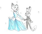  2016 anthro armwear barefoot bow_tie canine choker clothed clothing colored_sketch crossdressing disney dress duo elbow_gloves female fox fur gloves green_eyes hand_holding hi_res judy_hopps lagomorph looking_back male mammal nick_wilde predator/prey purple_eyes rabbit signature size_difference trashasaurusrex tuxedo zootopia 