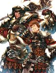  armor axe blue_eyes brown_hair final_fantasy final_fantasy_xiv gloves helmet highres hyur looking_at_viewer makimura_shunsuke multiple_boys roegadyn simple_background standing warrior_(final_fantasy) warrior_of_light weapon yellow_eyes 