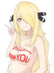  1girl blonde_hair blush body_writing breasts collarbone doruka english hair_ornament hair_over_one_eye hand_up large_breasts long_hair looking_at_viewer matching_hair/eyes nipples nude pokemon pokemon_dppt shirona_(pokemon) simple_background smile solo text upper_body v white_background yellow_eyes 