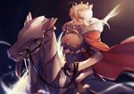  absurdres armor artoria_pendragon_(all) artoria_pendragon_(lancer) bangs black_dress blonde_hair blue_eyes blurry breasts cleavage cloak closed_mouth crown depth_of_field dress dun_stallion eyebrows_visible_through_hair fate/grand_order fate_(series) fur_trim gauntlets highres horse horseback_riding large_breasts long_hair looking_at_viewer riding serious sidelocks solo yorukun 