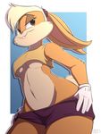  2017 4_fingers anthro biped blue_eyes border clothed clothing eyebrows eyelashes female front_view fur gloves grey_eyes hair half-closed_eyes hi_res infinitedge2u lagomorph lola_bunny looney_tunes mammal multicolored_fur navel portrait rabbit shadow short_hair signature simple_background solo standing tan_fur teeth three-quarter_portrait two_tone_fur warner_brothers white_fur white_hair 