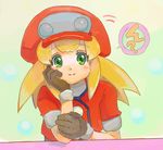  blonde_hair blush bodysuit cabbie_hat dinef gloves green_eyes hat jacket long_hair looking_at_viewer red_jacket rockman rockman_dash roll_caskett smile solo 