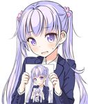 aoba_kawaii bad_id bad_pixiv_id blue_jacket eyebrows_visible_through_hair hair_ornament holding jacket long_hair new_game! open_mouth purple_eyes recursion shirt silver_hair simple_background solo suzukaze_aoba sweat twintails upper_body very_long_hair white_background white_shirt 