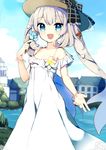  :d ameshizuku_natsuki blue_eyes bow bracelet breasts day dress fate/grand_order fate_(series) flower hair_ornament hat hat_bow house jewelry long_dress long_hair looking_at_viewer marie_antoinette_(fate/grand_order) open_mouth outdoors river seashell shell silver_hair small_breasts smile solo spaghetti_strap starfish sun_hat sundress twintails very_long_hair white_dress 