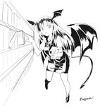  :d bat_wings book bookshelf breasts demon_tail eyebrows_visible_through_hair full_body greyscale head_wings holding holding_book koakuma long_hair low_wings medium_breasts monochrome necktie open_mouth puffy_short_sleeves puffy_sleeves shoes short_sleeves sidelocks skirt skirt_set slit_pupils smile solo tail taurine_8000mg touhou twitter_username vest wings 