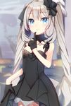  ameshizuku_natsuki black_dress black_gloves blue_eyes blush breasts cleavage closed_mouth detached_collar dress fate/grand_order fate_(series) gloves hair_ribbon index_finger_raised long_hair looking_at_viewer marie_antoinette_(fate/grand_order) ribbon short_dress silver_hair small_breasts smile solo strapless strapless_dress twintails very_long_hair 