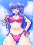 ass_visible_through_thighs bikini bracelet breasts collarbone contrapposto cowboy_shot double_bun eyebrows_visible_through_hair flower hair_flower hair_ornament hand_on_hip jewelry large_breasts long_hair looking_at_viewer navel open_mouth pointing purple_eyes purple_hair ranma_1/2 red_bikini shampoo_(ranma_1/2) side-tie_bikini sidelocks sky solo sparkle standing swimsuit wanta_(futoshi) 