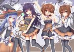  :d akatsuki_(kantai_collection) animal_ears arm_up aruka_(alka_p1) black_hair black_hat black_legwear black_shirt black_shorts blue_eyes blue_hair blush bow breasts brown_eyes brown_hair bunny_ears candy cat_ears choker clock demon_wings embarrassed eyebrows_visible_through_hair fang folded_ponytail food hair_between_eyes hairband halloween halloween_costume hat hat_bow hibiki_(kantai_collection) holding horns ikazuchi_(kantai_collection) inazuma_(kantai_collection) kantai_collection layered_skirt long_hair looking_at_viewer miniskirt multiple_girls neck_ribbon open_mouth orange_skirt pleated_skirt red_bow red_ribbon ribbon shirt short_hair short_shorts shorts sidelocks sitting skirt small_breasts smile standing strapless thighhighs verniy_(kantai_collection) white_hairband white_skirt wings witch_hat zettai_ryouiki 