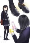  alternate_costume ama_mitsuki artist_name black_legwear blazer character_request commentary contemporary dated food from_behind from_side fruit full_body hands_in_pockets holding holding_food holding_fruit jacket lemon loafers looking_to_the_side miniskirt multiple_views necktie no_shoes original pantyhose pleated_skirt putting_on_shoes school_uniform shoes signature simple_background single_shoe skirt smell smelly_feet standing translated 