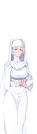  1girl blue_eyes blush breasts butcha-u dress eloise_sussex erect_nipples game_cg habit hands_together kenzen!_hentai_seikatsu_no_susume large_breasts legs looking_at_viewer nun original simple_background smile solo standing thighs transparent_background white_dress 