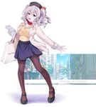  alternate_costume bag beret black_legwear blue_eyes breasts character_name cleavage full_body hat highres kantai_collection kashima_(kantai_collection) large_breasts long_hair map_(blue_catty) mitsukoshi_(department_store) pantyhose shopping_bag silver_hair solo standing tsurime twintails wavy_hair 