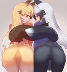  animal_ears arms_at_sides ass back bangs bent_over black_hair black_legwear black_skirt blue_jacket blush brown_eyes cameltoe closed_mouth commentary_request cowboy_shot ear_blush eyebrows_visible_through_hair ezo_red_fox_(kemono_friends) fox_ears fox_tail from_behind gradient gradient_background gradient_hair grey_background hair_between_eyes jacket kemono_friends legs_apart long_hair looking_at_viewer looking_back multicolored multicolored_clothes multicolored_hair multicolored_legwear multiple_girls nose_blush open_mouth orange_eyes orange_jacket orange_legwear pantyhose pantylines pleated_skirt profile scarf sidelocks silver_fox_(kemono_friends) silver_hair skirt standing sumiyao_(amam) sweatdrop tail tareme very_long_hair white_hair white_skirt yellow_legwear 
