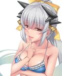 bow breast_hold breasts cleavage fate/grand_order fate_(series) finger_to_mouth hair_between_eyes hair_bow hair_ornament horns kiyohime_(fate/grand_order) kiyohime_(swimsuit_lancer)_(fate) large_breasts lips long_hair looking_at_viewer morishi multiple_horns ponytail red_eyes silver_hair solo 