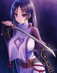  bangs between_breasts black_gloves black_hair breasts closed_mouth fate/grand_order fate_(series) fingerless_gloves gloves habaki hair_between_eyes highres holding holding_sword holding_weapon katana kuro_futoshi large_breasts long_hair long_sleeves looking_at_viewer minamoto_no_raikou_(fate/grand_order) night parted_bangs puffy_long_sleeves puffy_sleeves purple_eyes red_ribbon ribbon smile solo standing straight_hair sword tabard tassel tsuba_(guard) vambraces very_long_hair weapon 