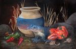 ambiguous_gender amphibian blue_eyes cayenne_pepper chili_pepper feral food frog grass mushroom pepper_(food) pottery rock solo ursula_vernon 