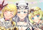  3girls anniversary armor blonde_hair blue_eyes braid breasts cleavage closed_mouth crown crown_braid earrings eir_(fire_emblem) eyes_closed fire_emblem fire_emblem_heroes fjorm_(fire_emblem_heroes) gloves hair_ornament hasebe_(17_feh) jewelry long_hair medium_breasts multiple_girls nintendo open_mouth sharena short_hair silver_hair smile v 