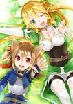  ;d animal_ears arm_up blonde_hair breastplate breasts brown_hair cat_ears choker cleavage collarbone from_above green_eyes hair_between_eyes hair_ornament hair_ribbon highres large_breasts leafa long_hair lying multiple_girls on_back one_eye_closed open_mouth pointy_ears red_eyes red_ribbon ribbon short_shorts shorts silica silica_(sao-alo) smile sword_art_online thighhighs very_long_hair white_legwear white_shorts yunamaro 