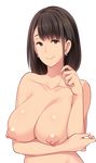  1girl areolae black_hair breast_hold breasts brown_eyes butcha-u collarbone earrings game_cg huge_breasts kenzen!_hentai_seikatsu_no_susume looking_at_viewer nipples nude original seto_mako shiny shiny_skin short_hair simple_background smile solo standing transparent_background upper_body 