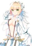  ahoge ameshizuku_natsuki bangs belt blonde_hair bodysuit breasts center_opening closed_mouth eyebrows_visible_through_hair fate/extra fate/extra_ccc fate_(series) full-length_zipper gloves green_eyes looking_at_viewer loose_belt medium_breasts nero_claudius_(bride)_(fate) nero_claudius_(fate)_(all) solo unzipped veil white_background white_gloves wreath zipper 