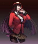  arm_behind_back bangs black_hair black_legwear black_ribbon blazer blunt_bangs breasts checkered checkered_skirt cowboy_shot highres hime_cut jabami_yumeko jacket kakegurui large_breasts lips long_hair looking_at_viewer narrow nose open_mouth pantyhose pleated_skirt red_eyes red_jacket red_lips ribbon school_uniform skirt skirt_lift smile solo thumb_ring unmoving_pattern very_long_hair 