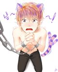  animal_ears bdsm bondage bound bound_wrists cat_ears cat_tail catboy chain crying denim jeans korean looking_at_viewer male_focus open_pants orange_hair original oringtto pants pink_eyes pov restrained solo tail tears 