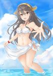  absurdres bare_arms bikini black_hair bracelet breasts brown_eyes cloud day feet_out_of_frame foreshortening gensoukitan hairband haruna_(kantai_collection) headgear highres jewelry kantai_collection long_hair looking_at_viewer medium_breasts open_mouth outdoors outstretched_hand sarong sky smile solo standing swimsuit wading water white_bikini 