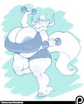 anthro areola big_breasts blush bovine breasts cleavage clothed clothing dieselbrain exercise female hi_res huge_breasts hyper hyper_breasts mammal minotaur monster_girl_(genre) nyeele_(character) simple_background skimpy slightly_chubby solo weights wide_hips 