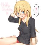  :d arm_up bare_legs barefoot black_shirt blonde_hair blue_eyes blush breasts dated hair_between_eyes happy_birthday impossible_clothes impossible_shirt long_hair looking_at_viewer medium_breasts mikazuchi_zeus new_game! no_pants open_mouth panties red_panties shirt simple_background sitting smile solo speech_bubble taut_clothes taut_shirt underwear white_background yagami_kou yokozuwari 