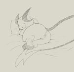  2017 anus bed black_and_white butt clitoris eyes_closed female feral hi_res monochrome nintendo on_bed open_mouth pok&eacute;mon pussy raichu raised_tail simple_background sketch sleeping solo somnamg video_games 