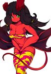  absurdres black_hair breasts commentary demon_girl demon_tail demon_wings evdokiya_infernalis green_eyes highres horns long_hair looking_at_viewer medium_breasts original red_skin simple_background skindentation slugbox smile solo tail thick_thighs thighs white_background wings 