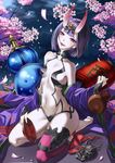  absurdres ankle_ribbon bangs barefoot blunt_bangs breasts cherry_blossoms cup eyebrows_visible_through_hair fangs fate/grand_order fate_(series) forehead_jewel full_body gourd head_tilt highres horns japanese_clothes kimono lantern looking_at_viewer medium_breasts navel night off_shoulder oni oni_horns oni_mask open_clothes open_kimono open_mouth paper_lantern pink_lips purple_eyes purple_hair purple_kimono revealing_clothes ribbon sakazuki seiza short_eyebrows short_hair shuten_douji_(fate/grand_order) single_thighhigh sitting slit_pupils smile solo thighhighs xiao_gen 