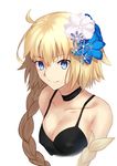  besmiled blonde_hair blue_eyes blush breasts cleavage closed_mouth collarbone eyebrows_visible_through_hair fate/grand_order fate_(series) flower hair_flower hair_ornament jeanne_d'arc_(fate) jeanne_d'arc_(fate)_(all) large_breasts looking_at_viewer smile solo upper_body 
