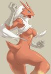  1girl arm_up armpits ass beak blaziken blue_eyes breasts claws from_behind furry hand_up jpeg_artifacts karasumareko leg_lift legs_apart long_hair looking_at_viewer looking_back looking_to_the_side medium_breasts no_humans no_nipples no_pussy nude open_mouth pokemon pokemon_(creature) pokemon_rse solo standing tail white_hair yellow_sclera 