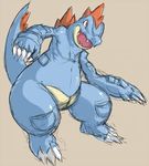  arms_up beige_background claws fangs feet feraligatr full_body jpeg_artifacts karasumareko looking_up no_humans open_mouth pokemon pokemon_(creature) pokemon_gsc red_eyes simple_background sketch solo standing tail teeth 