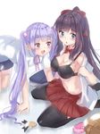  absurdres all_fours black_legwear black_skirt blue_eyes bow bowtie breasts brown_hair cleavage eyebrows_visible_through_hair hair_bow highres holmemee large_breasts long_hair looking_at_another multiple_girls navel new_game! ponytail purple_eyes purple_hair red_bow red_neckwear red_skirt seiza sitting skirt suzukaze_aoba takimoto_hifumi thighhighs twintails 