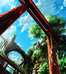  blue_sky bridge city cloud cloudy_sky commentary_request day grass highres moss no_humans nurie_(siniariot) original outdoors rope ruins scenery shimenawa sky torii tower tree 