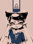  1girl :p aori_(splatoon) artist_name blouse casual closed_mouth highres jewelry long_hair looking_at_viewer mole mole_under_eye monochrome necklace pointy_ears polka_dot polka_dot_background seto_(asils) short_sleeves solo splatoon_(series) standing tentacle_hair tongue tongue_out upper_body 