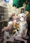  book bookshelf breasts brown_eyes brown_hair cleavage eurasian_eagle_owl_(kemono_friends) fur_collar head_wings kemono_friends multicolored_hair multiple_girls nanana_(nanana_iz) northern_white-faced_owl_(kemono_friends) open_clothes pantyhose parted_lips reading silver_hair small_breasts tree white_hair 